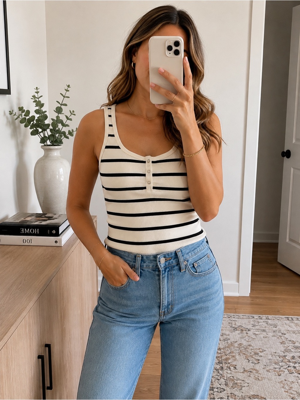 Striped Ribbed Henley Tank Top Cream Black Sleeveless Knit Casual T.La Tank Top